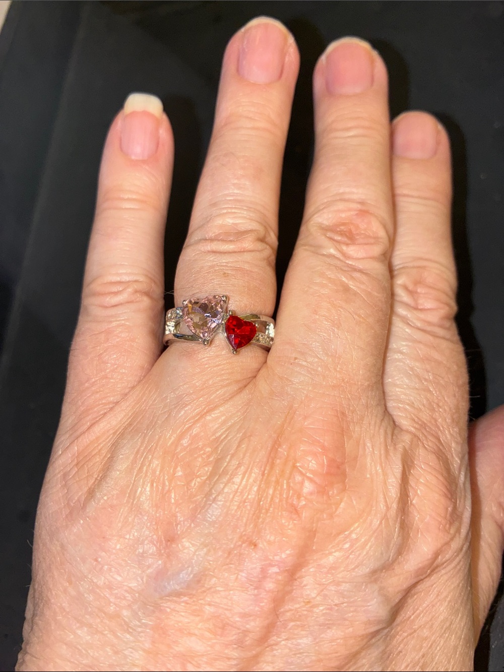 Silver Heart Stretch Ring with Red and Pink Stones